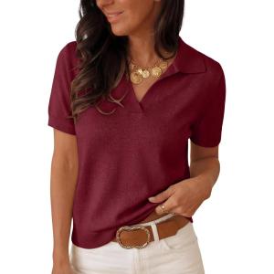 image:imageANRABESS Women Short Sleeve Sweater Wool Blend Polo V Neck Shirts Summer Dressy Top Business Casual Spring Vacation ClothesWine Red