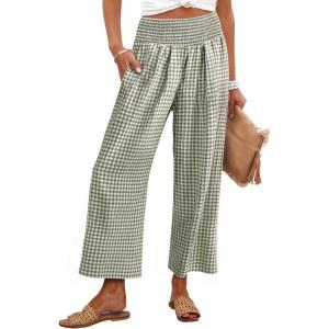 image:imageANRABESS Women Striped Gingham Wide Leg Palazzo Pants Casual Lounge Cropped PJ Bottoms Comfy Cute Plaid Pants with PocketsArmy Green White Plaid