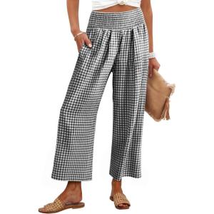image:imageANRABESS Women Striped Gingham Wide Leg Palazzo Pants Casual Lounge Cropped PJ Bottoms Comfy Cute Plaid Pants with PocketsBlack White Plaid