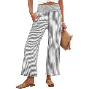 image:imageANRABESS Women Striped Gingham Wide Leg Palazzo Pants Casual Lounge Cropped PJ Bottoms Comfy Cute Plaid Pants with PocketsBlack White Stripe