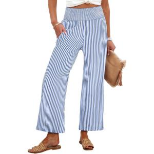 image:imageANRABESS Women Striped Gingham Wide Leg Palazzo Pants Casual Lounge Cropped PJ Bottoms Comfy Cute Plaid Pants with PocketsBlue White Stripe