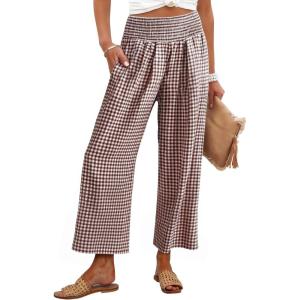 image:imageANRABESS Women Striped Gingham Wide Leg Palazzo Pants Casual Lounge Cropped PJ Bottoms Comfy Cute Plaid Pants with PocketsBrown White Plaid
