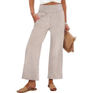 image:imageANRABESS Women Striped Gingham Wide Leg Palazzo Pants Casual Lounge Cropped PJ Bottoms Comfy Cute Plaid Pants with PocketsLight Brown White Stripe