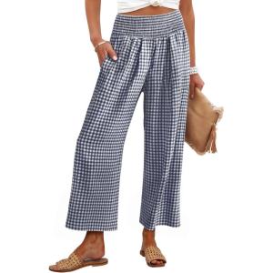 image:imageANRABESS Women Striped Gingham Wide Leg Palazzo Pants Casual Lounge Cropped PJ Bottoms Comfy Cute Plaid Pants with PocketsNavy Blue White Plaid
