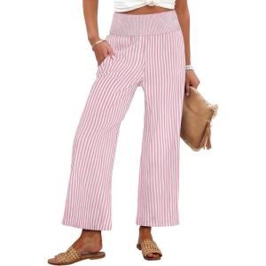 image:imageANRABESS Women Striped Gingham Wide Leg Palazzo Pants Casual Lounge Cropped PJ Bottoms Comfy Cute Plaid Pants with PocketsPink White Stripe