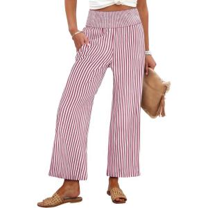 image:imageANRABESS Women Striped Gingham Wide Leg Palazzo Pants Casual Lounge Cropped PJ Bottoms Comfy Cute Plaid Pants with PocketsRed White Stripe
