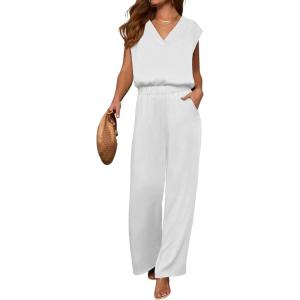 image:imageANRABESS Women Summer 2 Piece Outfits VNeck Top and Wide Leg Pants Set Comfy AllDay Wear for Lounge amp Daily Travel SetWhite