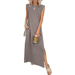 image:imageANRABESS Women Summer Casual Sleeveless Maxi Dress 2026 Crewneck Loose Split WrinkleFree Beach Travel Vacation Long SundressCoffee Grey