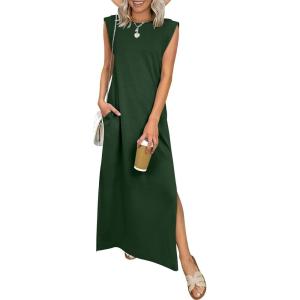 image:imageANRABESS Women Summer Casual Sleeveless Maxi Dress 2026 Crewneck Loose Split WrinkleFree Beach Travel Vacation Long SundressDeep Green