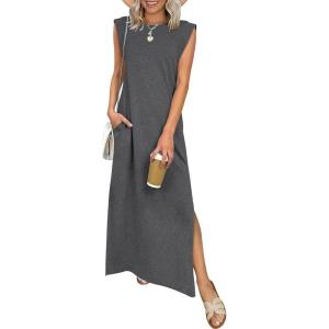image:imageANRABESS Women Summer Casual Sleeveless Maxi Dress 2026 Crewneck Loose Split WrinkleFree Beach Travel Vacation Long SundressDeep Grey