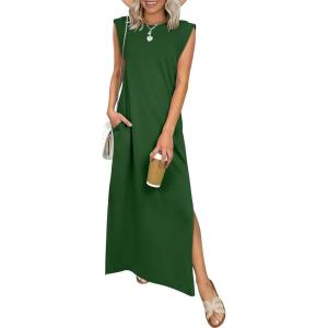 image:imageANRABESS Women Summer Casual Sleeveless Maxi Dress 2026 Crewneck Loose Split WrinkleFree Beach Travel Vacation Long SundressForest Green