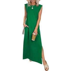 image:imageANRABESS Women Summer Casual Sleeveless Maxi Dress 2026 Crewneck Loose Split WrinkleFree Beach Travel Vacation Long SundressGreen