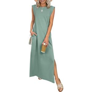 image:imageANRABESS Women Summer Casual Sleeveless Maxi Dress 2026 Crewneck Loose Split WrinkleFree Beach Travel Vacation Long SundressLight Green
