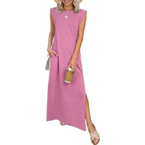 image:imageANRABESS Women Summer Casual Sleeveless Maxi Dress 2026 Crewneck Loose Split WrinkleFree Beach Travel Vacation Long SundressPink
