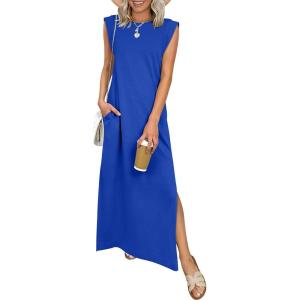 image:imageANRABESS Women Summer Casual Sleeveless Maxi Dress 2026 Crewneck Loose Split WrinkleFree Beach Travel Vacation Long SundressRoyal Blue