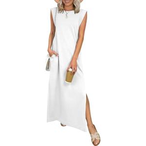 image:imageANRABESS Women Summer Casual Sleeveless Maxi Dress 2026 Crewneck Loose Split WrinkleFree Beach Travel Vacation Long SundressWhite
