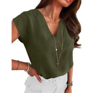 image:imageANRABESS Women Tops Cap Sleeve Dressy Casual V Neck Shirts 2026 Summer Business Work Blouses Outfits Trendy Spring ClothingArmy Green