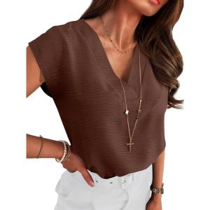 image:imageANRABESS Women Tops Cap Sleeve Dressy Casual V Neck Shirts 2026 Summer Business Work Blouses Outfits Trendy Spring ClothingBrown