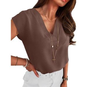 image:imageANRABESS Women Tops Cap Sleeve Dressy Casual V Neck Shirts 2026 Summer Business Work Blouses Outfits Trendy Spring ClothingCoffee