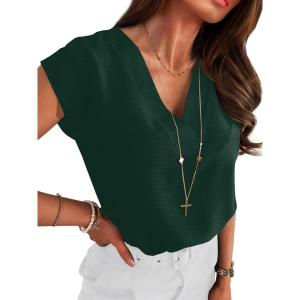 image:imageANRABESS Women Tops Cap Sleeve Dressy Casual V Neck Shirts 2026 Summer Business Work Blouses Outfits Trendy Spring ClothingDark Green