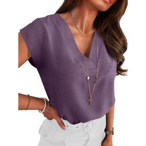 image:imageANRABESS Women Tops Cap Sleeve Dressy Casual V Neck Shirts 2026 Summer Business Work Blouses Outfits Trendy Spring ClothingDark Purple