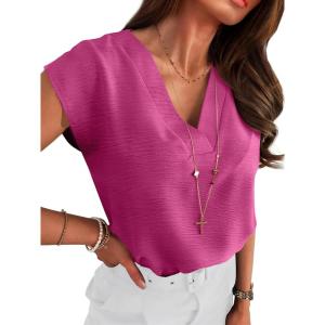 image:imageANRABESS Women Tops Cap Sleeve Dressy Casual V Neck Shirts 2026 Summer Business Work Blouses Outfits Trendy Spring ClothingHot Pink