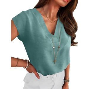image:imageANRABESS Women Tops Cap Sleeve Dressy Casual V Neck Shirts 2026 Summer Business Work Blouses Outfits Trendy Spring ClothingLake Blue