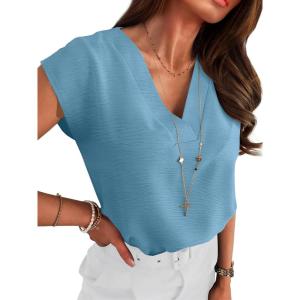 image:imageANRABESS Women Tops Cap Sleeve Dressy Casual V Neck Shirts 2026 Summer Business Work Blouses Outfits Trendy Spring ClothingLight Blue