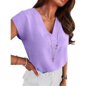 image:imageANRABESS Women Tops Cap Sleeve Dressy Casual V Neck Shirts 2026 Summer Business Work Blouses Outfits Trendy Spring ClothingLight Purple