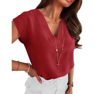 image:imageANRABESS Women Tops Cap Sleeve Dressy Casual V Neck Shirts 2026 Summer Business Work Blouses Outfits Trendy Spring ClothingRed