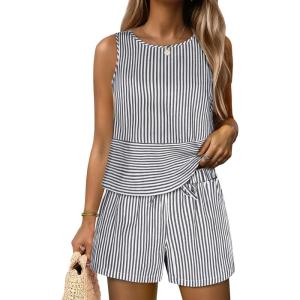 image:imageANRABESS Womens 2 Piece Outfits Striped Summer Casual Sleeveless Tank Top Matching Shorts Lounge Sets Beach Vacation ClothesBlack White Stripe