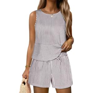 image:imageANRABESS Womens 2 Piece Outfits Striped Summer Casual Sleeveless Tank Top Matching Shorts Lounge Sets Beach Vacation ClothesBrown White Stripe