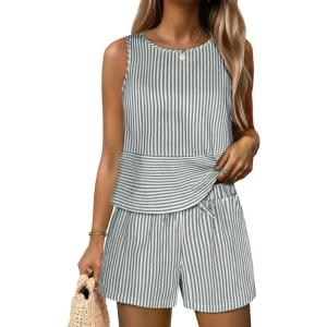 image:imageANRABESS Womens 2 Piece Outfits Striped Summer Casual Sleeveless Tank Top Matching Shorts Lounge Sets Beach Vacation ClothesDeep Green White Stripe