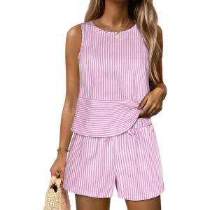 image:imageANRABESS Womens 2 Piece Outfits Striped Summer Casual Sleeveless Tank Top Matching Shorts Lounge Sets Beach Vacation ClothesPink White Stripe