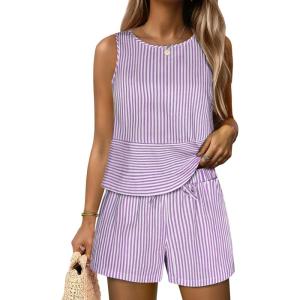 image:imageANRABESS Womens 2 Piece Outfits Striped Summer Casual Sleeveless Tank Top Matching Shorts Lounge Sets Beach Vacation ClothesPurple White Stripe