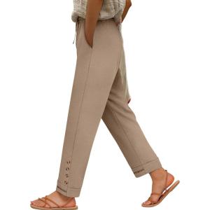 image:imageANRABESS Womens Casual Cropped Pants Drawstring Elastic Waist 2026 Summer Loose Ankle Work Trousers with PocketsYellow Khaki