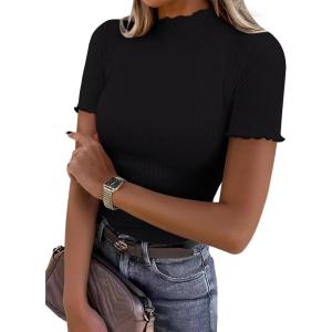 image:imageANRABESS Womens Lettuce Trim Mock Neck Short Sleeve Tops Casual Ribbed Knit Slim Fit Tee Shirt Spring Layer Vacation OutfitsBlack