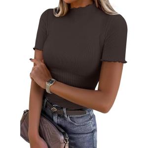 image:imageANRABESS Womens Lettuce Trim Mock Neck Short Sleeve Tops Casual Ribbed Knit Slim Fit Tee Shirt Spring Layer Vacation OutfitsBrown