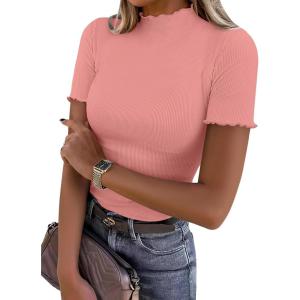 image:imageANRABESS Womens Lettuce Trim Mock Neck Short Sleeve Tops Casual Ribbed Knit Slim Fit Tee Shirt Spring Layer Vacation OutfitsCoral Pink
