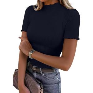 image:imageANRABESS Womens Lettuce Trim Mock Neck Short Sleeve Tops Casual Ribbed Knit Slim Fit Tee Shirt Spring Layer Vacation OutfitsNavy Blue