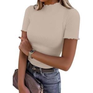image:imageANRABESS Womens Lettuce Trim Mock Neck Short Sleeve Tops Casual Ribbed Knit Slim Fit Tee Shirt Spring Layer Vacation OutfitsOatmeal