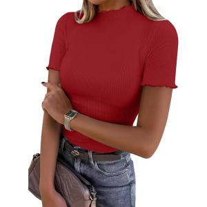 image:imageANRABESS Womens Lettuce Trim Mock Neck Short Sleeve Tops Casual Ribbed Knit Slim Fit Tee Shirt Spring Layer Vacation OutfitsRed