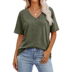 image:imageANRABESS Womens Oversized Acid Washed TShirt Short Sleeve Vintage Casual V Neck Tops 2026 Summer Basic Tee Trendy ClothesArmy Green