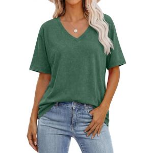 image:imageANRABESS Womens Oversized Acid Washed TShirt Short Sleeve Vintage Casual V Neck Tops 2026 Summer Basic Tee Trendy ClothesDark Green