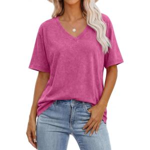 image:imageANRABESS Womens Oversized Acid Washed TShirt Short Sleeve Vintage Casual V Neck Tops 2026 Summer Basic Tee Trendy ClothesHot Pink