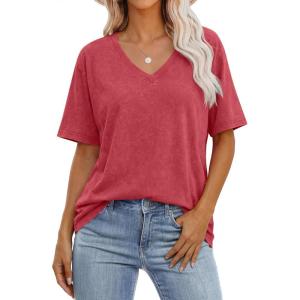 image:imageANRABESS Womens Oversized Acid Washed TShirt Short Sleeve Vintage Casual V Neck Tops 2026 Summer Basic Tee Trendy ClothesRed