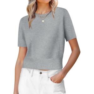 image:imageANRABESS Womens Short Sleeve Sweaters Cropped Crew Neck Business Casual Lightweight Sweater Tops 2026 Spring Summer OutfitsGrey