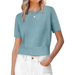 image:imageANRABESS Womens Short Sleeve Sweaters Cropped Crew Neck Business Casual Lightweight Sweater Tops 2026 Spring Summer OutfitsLight Blue