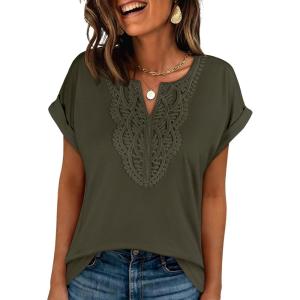 image:imageANRABESS Womens Short Sleeve Tops Boho V Neck Lace Shirts Dressy Casual Blouses Summer Cute Tunic 2026 Trendy Fashion ClothesArmy Green