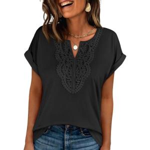 image:imageANRABESS Womens Short Sleeve Tops Boho V Neck Lace Shirts Dressy Casual Blouses Summer Cute Tunic 2026 Trendy Fashion ClothesBlack